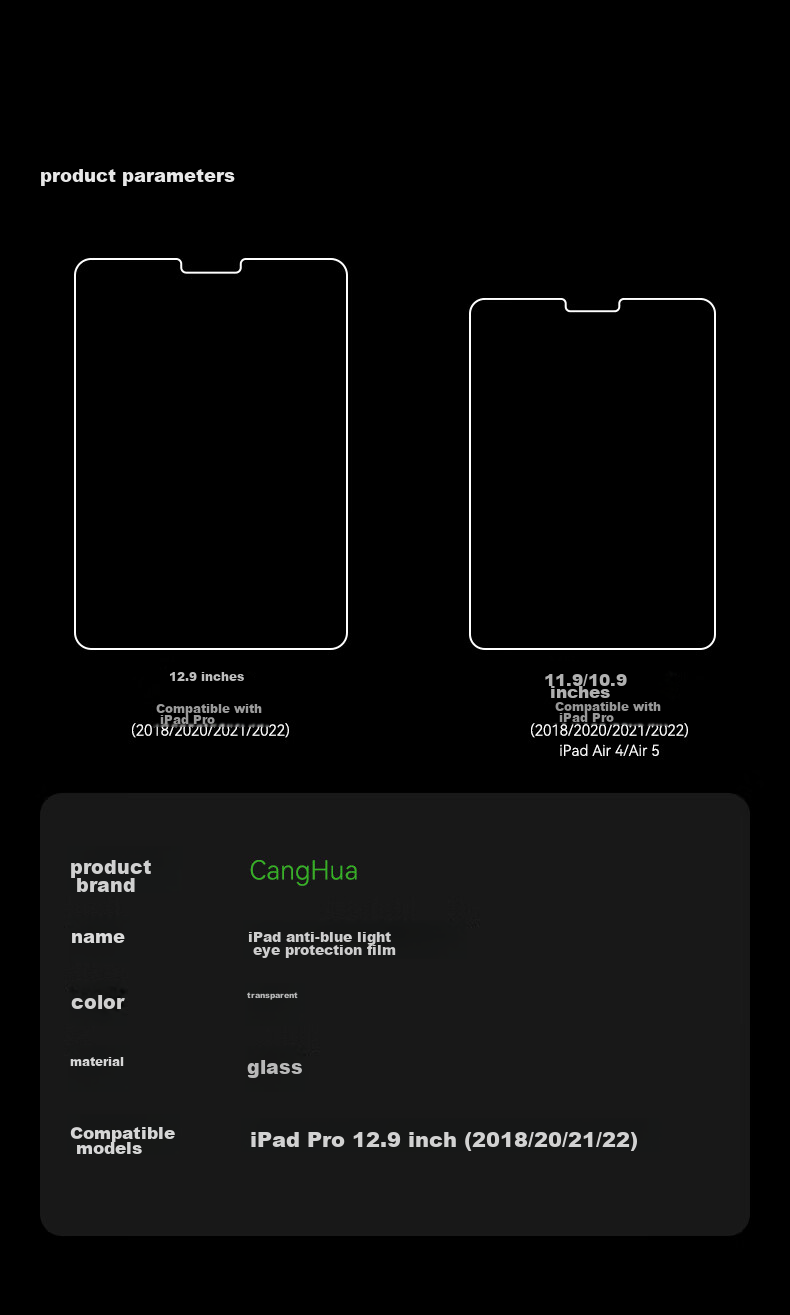 CangHua Tempered Glass Screen Protector for IPad Pro 12.9, Eye Protection Anti-Blue Light, Compatible with 2020/2021/2022 Models, 12.9-Inch Protective Film, Apple Tablet High Definition Anti-Fingerprint Screen Protector 17