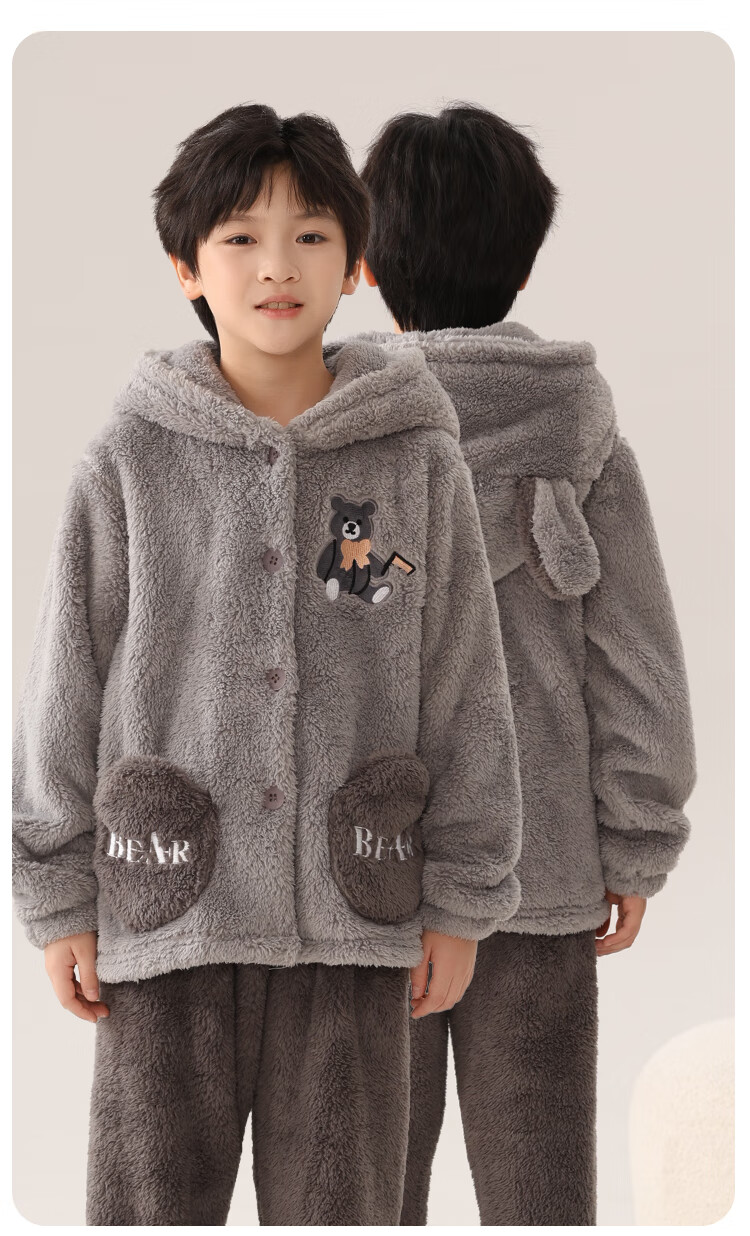 MiiOW Coral Fleece Children's Pajamas, Boys' Set, Thick Flannel Bear Hug Loungewear, New Autumn And Winter Style 2024, Size 150 6