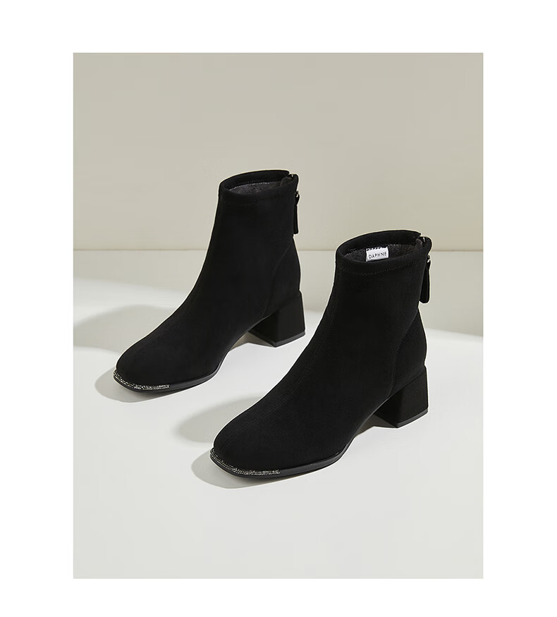 DAPHNE Suede Ankle Boots Women Chunky Mid Heels Slim Winter Fleece French Style Versatile Khaki Fleece Lined Boots Size 37 13