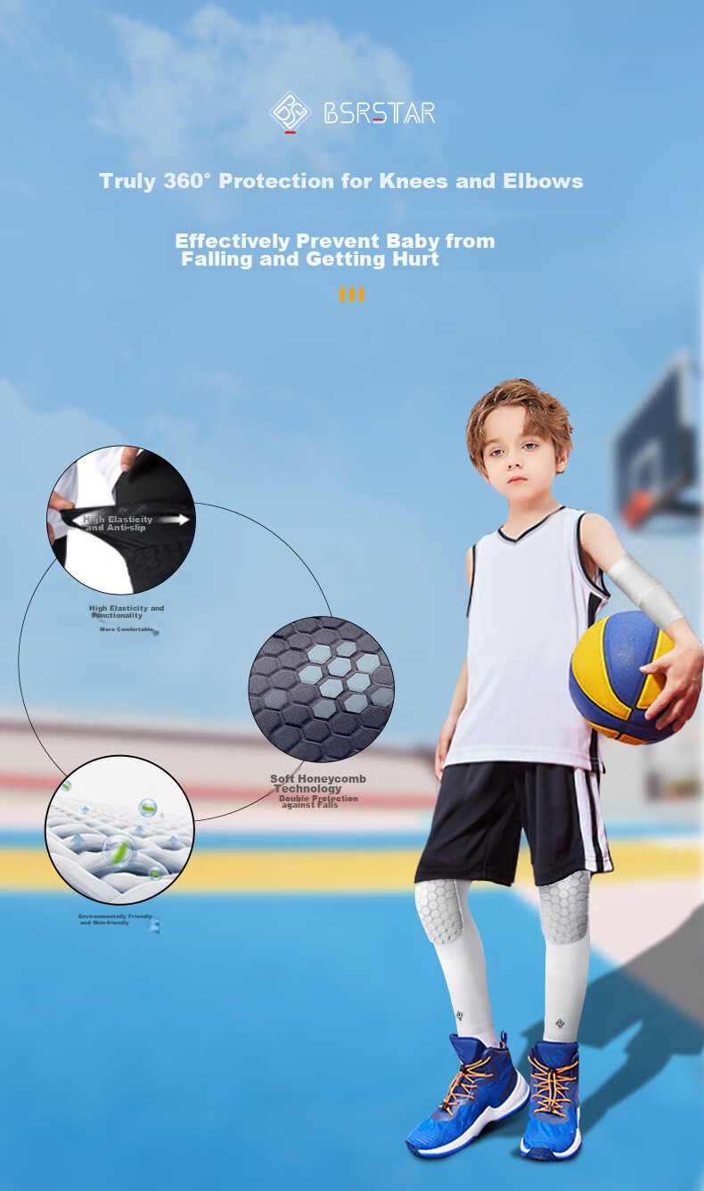 Bestray Children's Knee Pads, Basketball Anti-Fall, for Ages 6-12, Sports-Specific Cycling Set, Soccer Thin Anti-Collision Professional Protective Gear, Summer 7