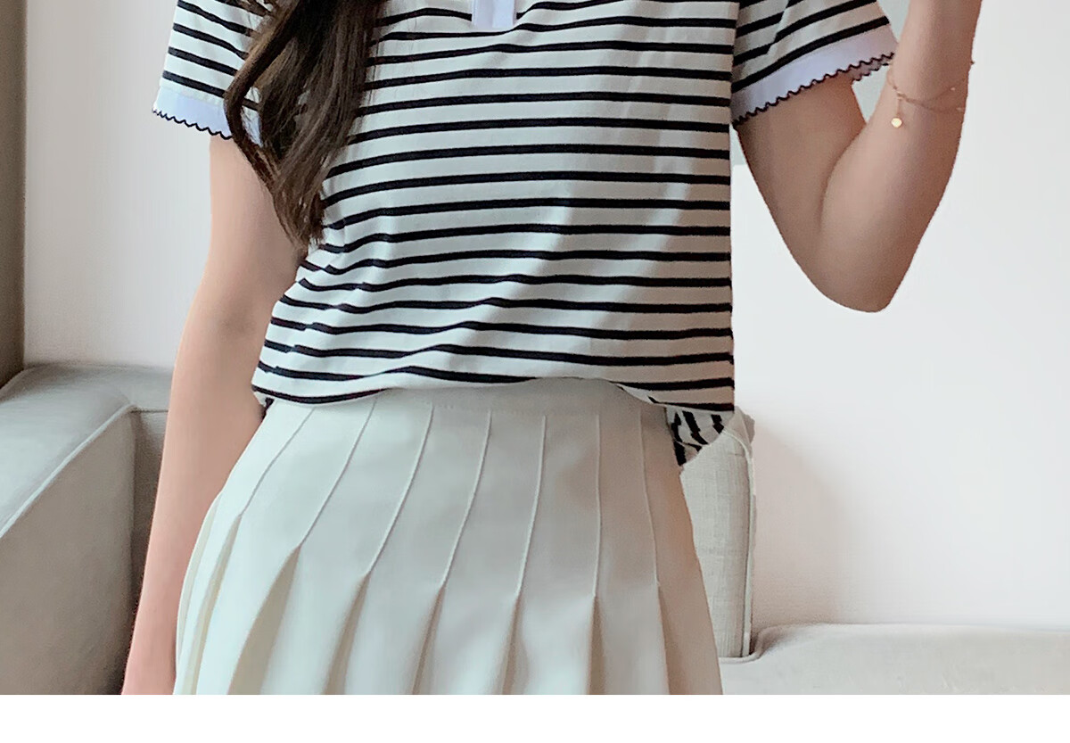 Halo Queen Women's Summer Polo Collar Short Sleeve T-Shirt, Casual Loose Versatile Collared Striped Top H143T1597 14