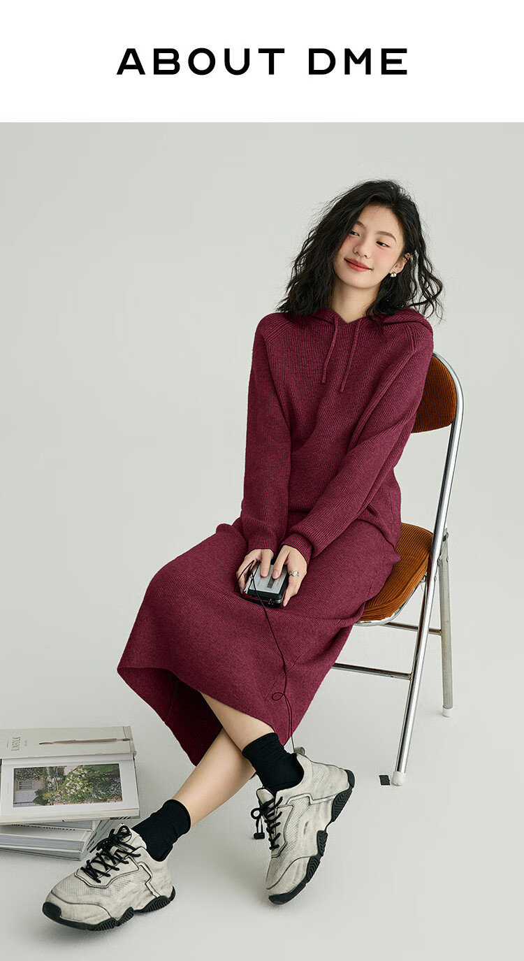 DME Relaxed Knit Set Spring Autumn Hoodie Knit Top + Elastic Knit Skirt Two-Piece Set 1
