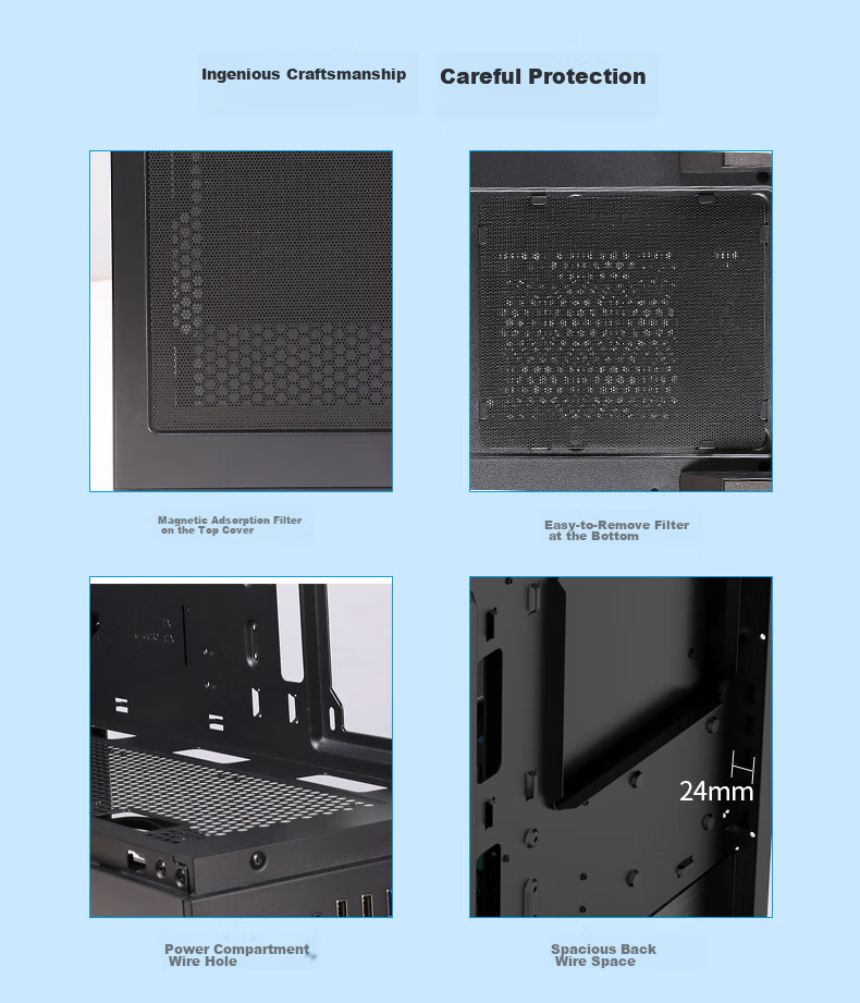 BUBALUS Phantom Black No-Pillar Panoramic Case (360mm Radiator Support / Full-View Tempered Glass / Supports 5-Slot M-ATX Motherboard / Long Graphics Card Compatible) 13