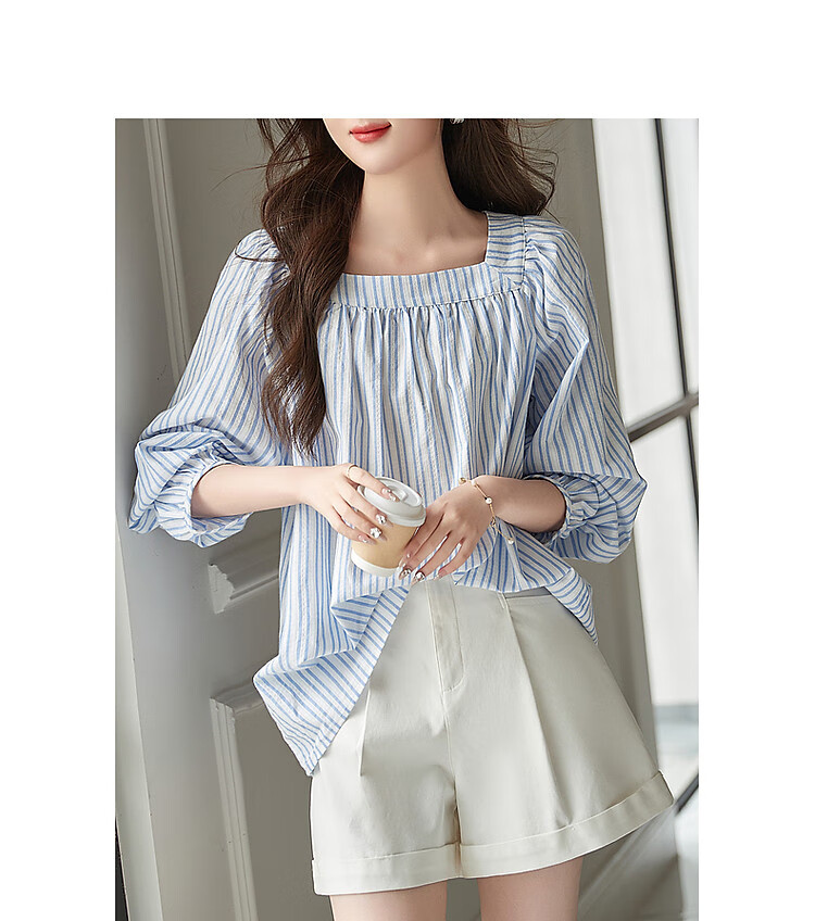 Dme Lantern Sleeve Striped Blouse Women's Top, Navy Blue, S 9