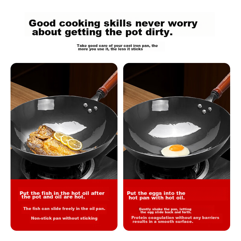 OLOFE Zhangqiu Black Iron Wok, Non-Coated, Lightweight, Round Bottom, Forged, Traditional Gas Stove, Large Stir-Fry Pan, Quiet Operation, 32cm