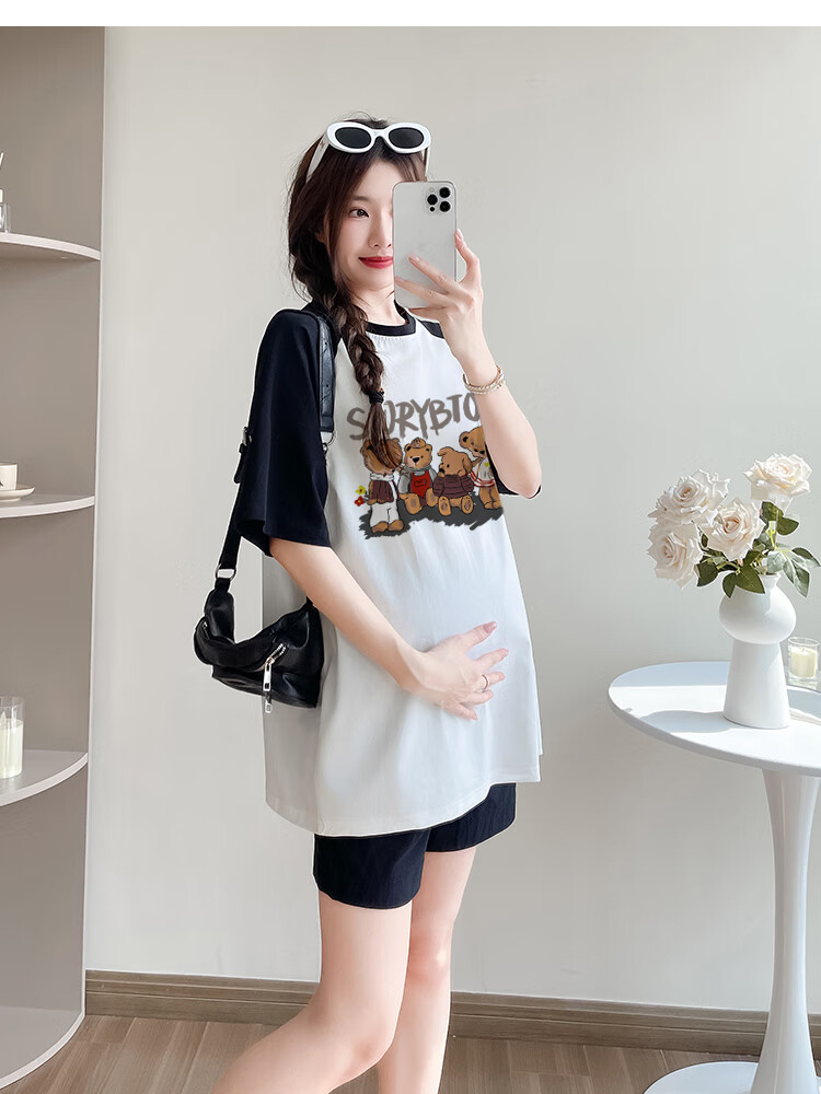 JOYNCLEON Maternity Summer Thin Loose Raglan Sleeve Printed T-Shirt and Versatile Shorts Set White L Jtz158115 19