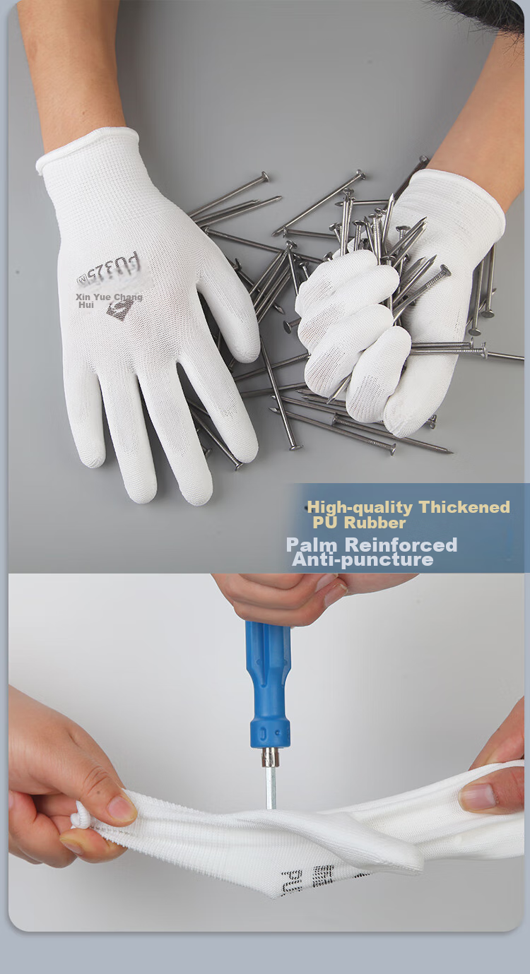 Xinyuechanghui PU Coated Gloves, 12 Pairs/pack, Nylon Work Gloves, Non-Slip Wear-Resistant Protective Dipped Gloves, White M Size, PU508 10