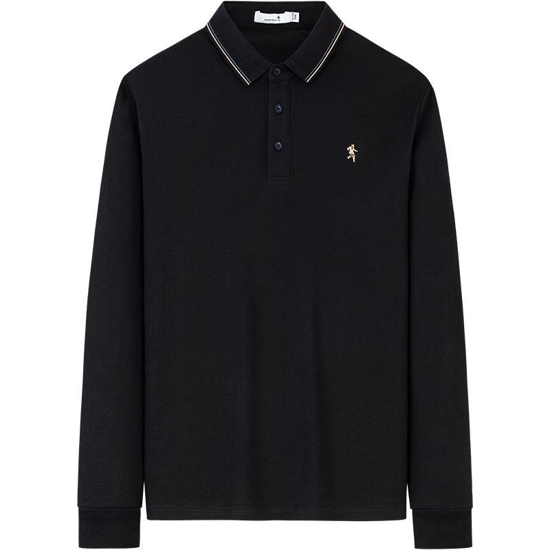 DANCING WOLVES [5A Antibacterial] Business Commute Fashionable Exquisite Embroidered Men's Long-Sleeve Polo Shirt, 001 Black, Size 185