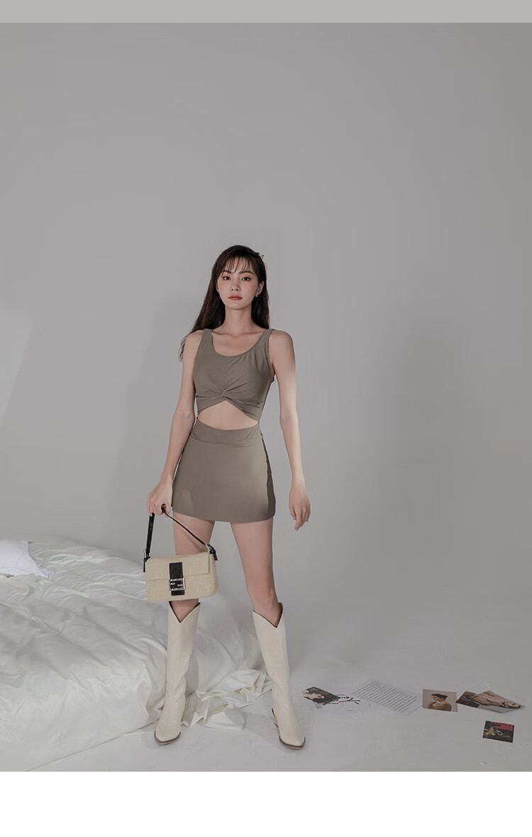 OMOM Women's Summer One-Piece Swimsuit, Tummy Control, Slimming, Conservative, Sexy, Skirted, Fairy-Like, Instagram Style, Hot Spring Swimming Suit, Coffee Color, Size M (Recommended for 88-98 Jin) 4