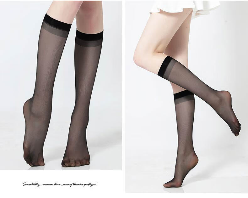 LangSha Mid-Calf Stockings for Women, Short Ultra-Thin Flesh-Colored Semi-Transparent Invisible Thigh-High Socks, Black Skin Color, 5 Pairs Each, One Size Fits All 9