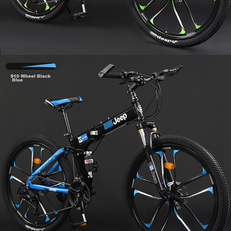 Jeep Folding Mountain Bike, 27-Speed, Dual Shock Absorption, Disc Brakes, Off-Road Gears, Single-Speed Bicycle, Zhanshen Black And Red, Three-Gear Ratio 13