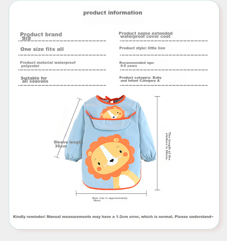 9I9 Baby Eating Smock, Waterproof Long-Sleeve Infant Bib Apron, Reverse-Wear Clothing, Kindergarten Painting Clothes A150 2
