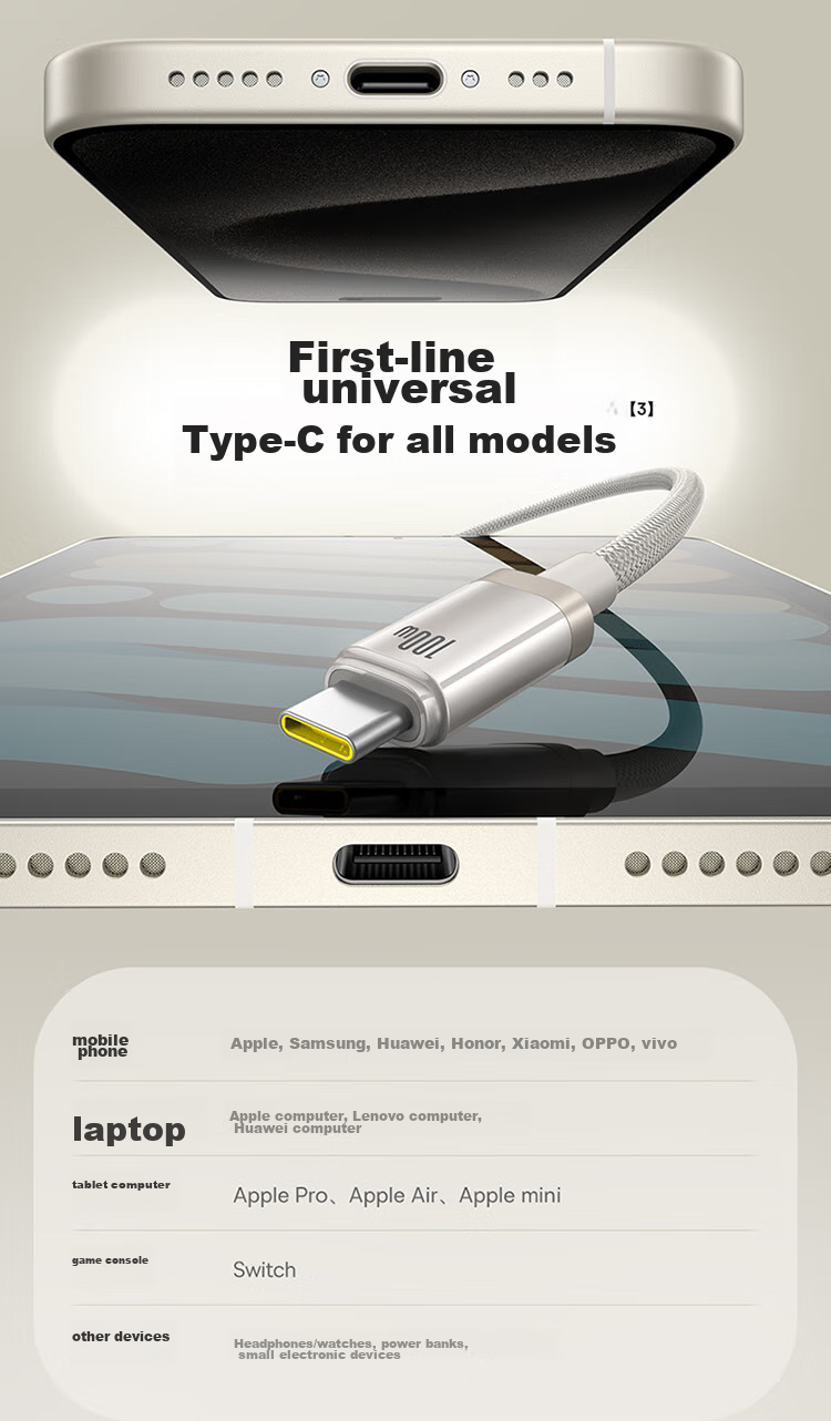 BASEUS Apple 17/16 Titanium Alloy Charging Cable, Dual-Head Type-C Data Cable, PD100W Fast Charging, Car Charger 5A, Suitable for IPhone 15/iPad/MacBook Laptops 5