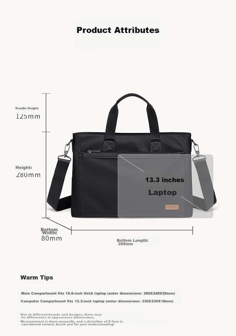 GOLF Business Briefcase for Men, Large Capacity Handbag, 13.3-Inch Laptop Bag, Water-Resistant Horizontal Style Briefcase 17