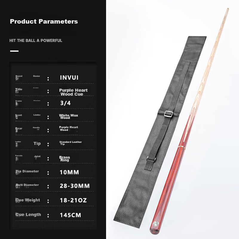 INVUI Pool Cue, Small Tip Cue, Purple Heart Wood, Black Eight Billiard Cue, Detachable Snooker Cue, Z-12