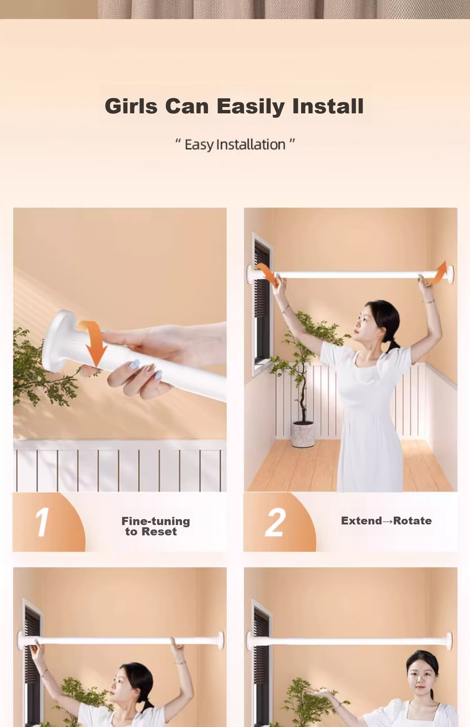 YOUQIN Retractable Clothes Drying Rod, No Drilling Required, Balcony Clothes Rack Support Rod, Wardrobe Hanging Rod, Single Rod for Home Use, Curtain Rod 20