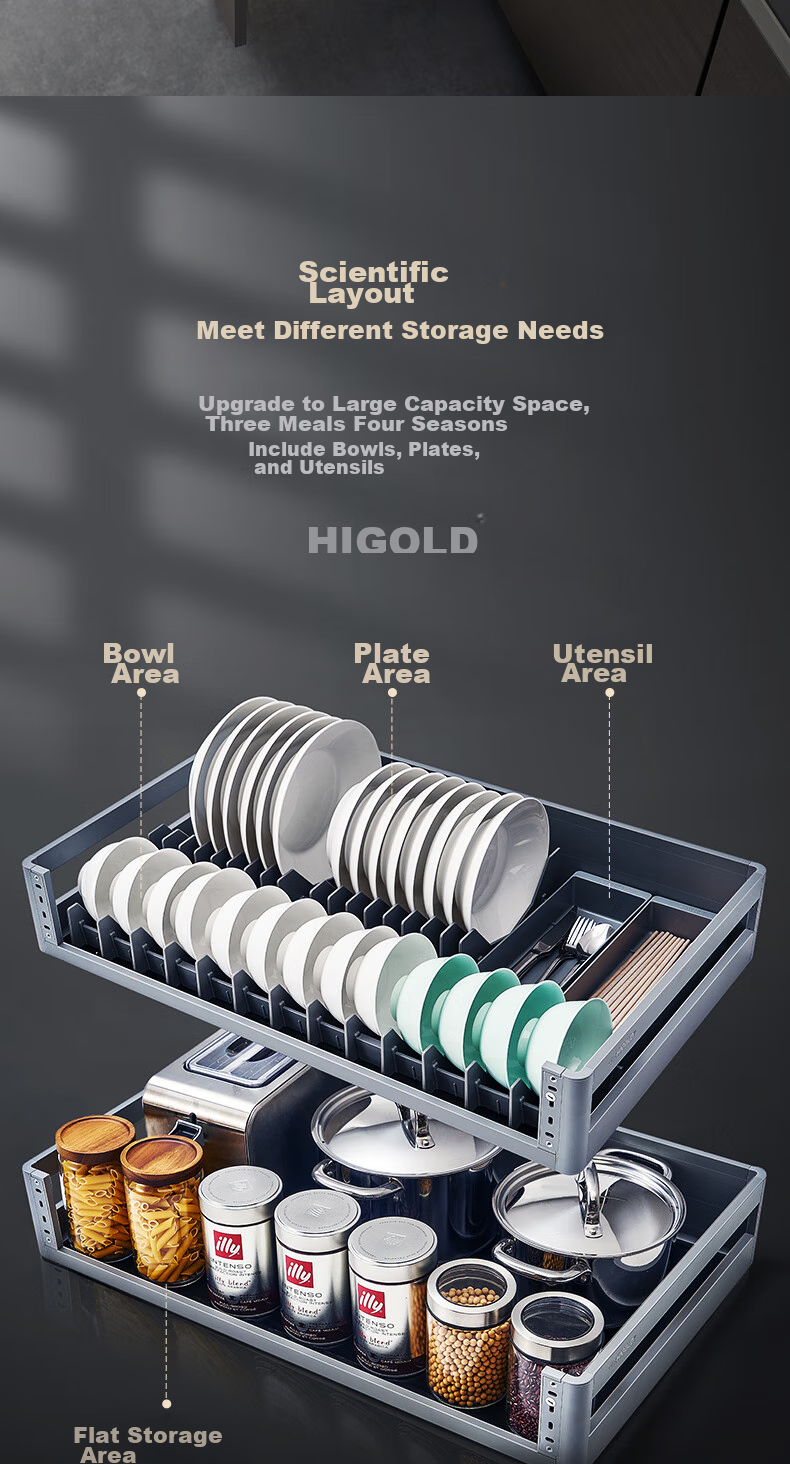 HIGOLD Kitchen Cabinet Pull-Out Drawer, 304 Stainless Steel Bowl And Plate Rack, Black Titanium Bowl Holder, Double-Layer Storage Shelf 4