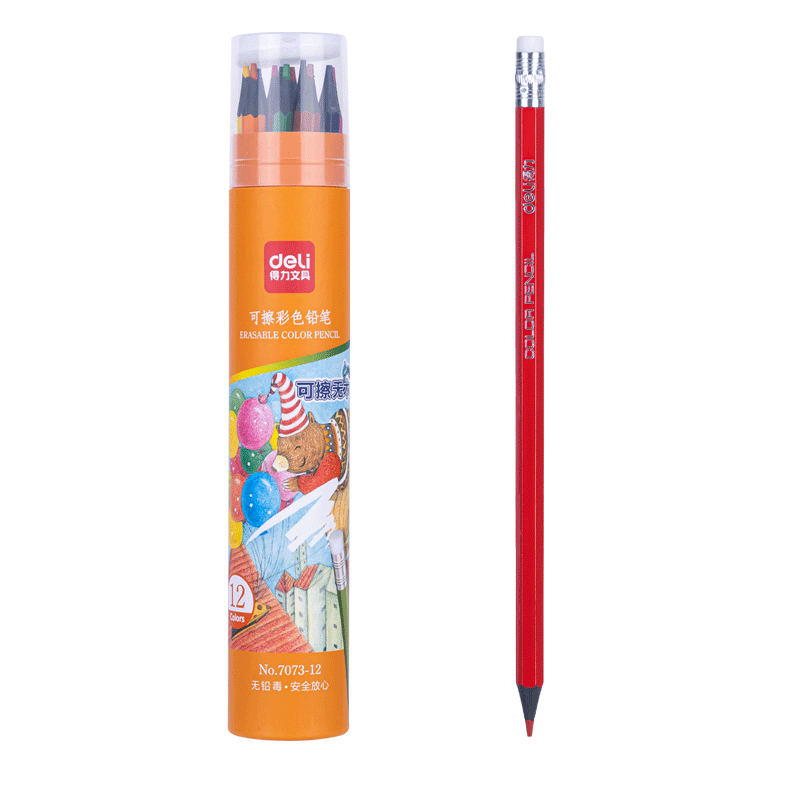 Deli 12-Color Hexagonal Barrel Erasable Colored Pencils, Oil-Based Tube Packaging, Art Drawing Children's Doodle Hand-Drawn Easy-To Erasable Girls' Children's Colored Pencils Graduatio