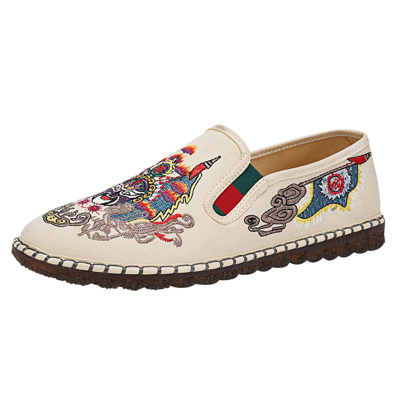 BUSHEYUAN Chinese Style Embroidered Face Pattern Casual Cloth Shoes Old Beijing Cloth Shoes Men 11x-9011xin Beige Size 43