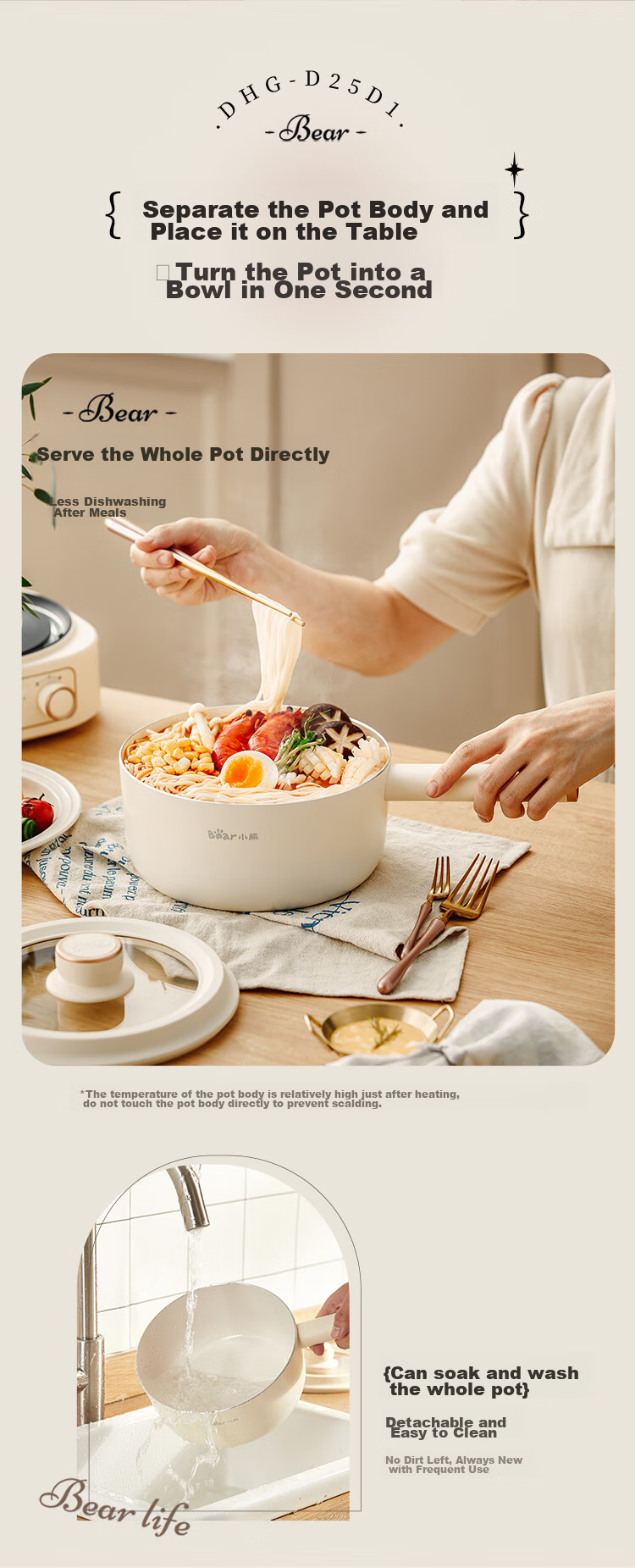 Bear Split Electric Cooking Pot, for 1-2 People, Dorm Small Electric Cooker, Can Boil Rice, Multifunctional Noodle Pot, 0 Coating Stainless Steel Household 1.7L with Steamer M17B3 6