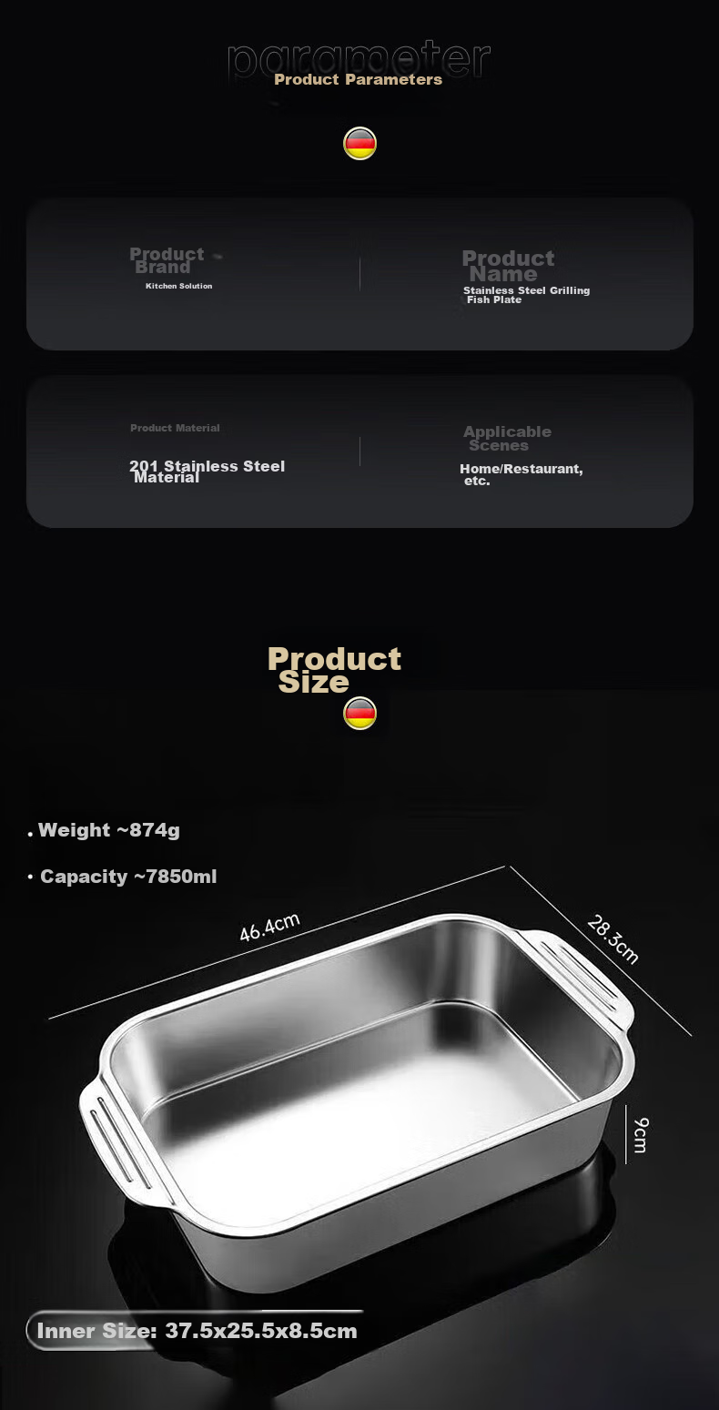 Chufangan 201 Stainless Steel Grilled Fish Pan, Large Capacity Serving Tray for Home Use, Induction Cooker Compatible, Commercial Deep Dish for Seafood, 45CM 9