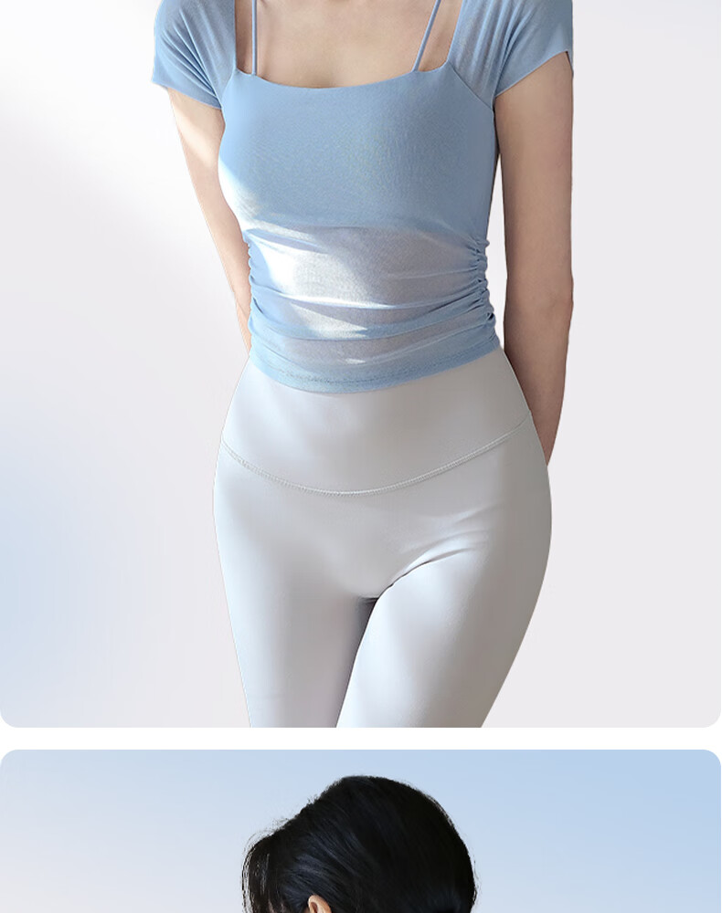XUEXIMAN Faux Two-Piece Yoga Top for Women, Summer Short Sleeve with Built-In Bra Pads, Pilates Workout Fitness Wear 13