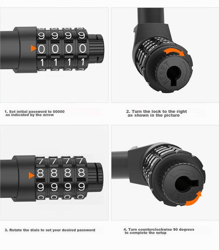 Move Iron Bicycle Lock, Four-Digit Combination Lock, Universal Anti-Theft Lock for Motorcycles And Electric Bikes, Frosted Steel Cable Lock, Children's Bike Lock, Cycling Equipment Accessories [Deep Space Black] 9