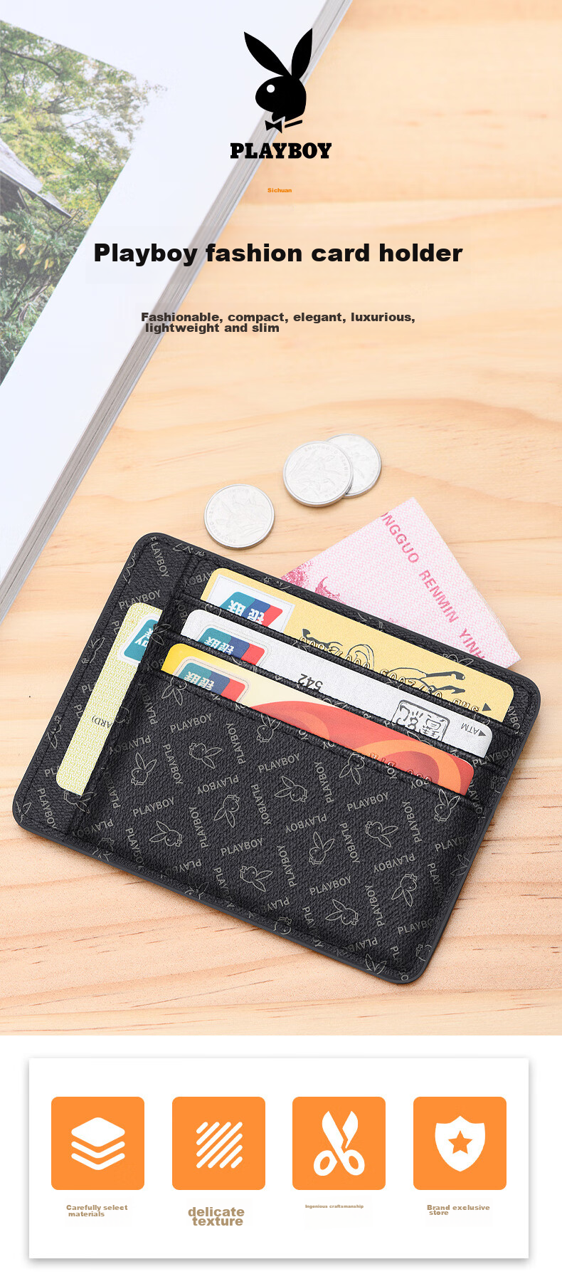 PLAYBOY Card Holder, Portable Men's Card Case, Coin Purse for Women, Slim Business Card Holder, ID Card Wallet, Multi-Slot Bank Card Holder 1