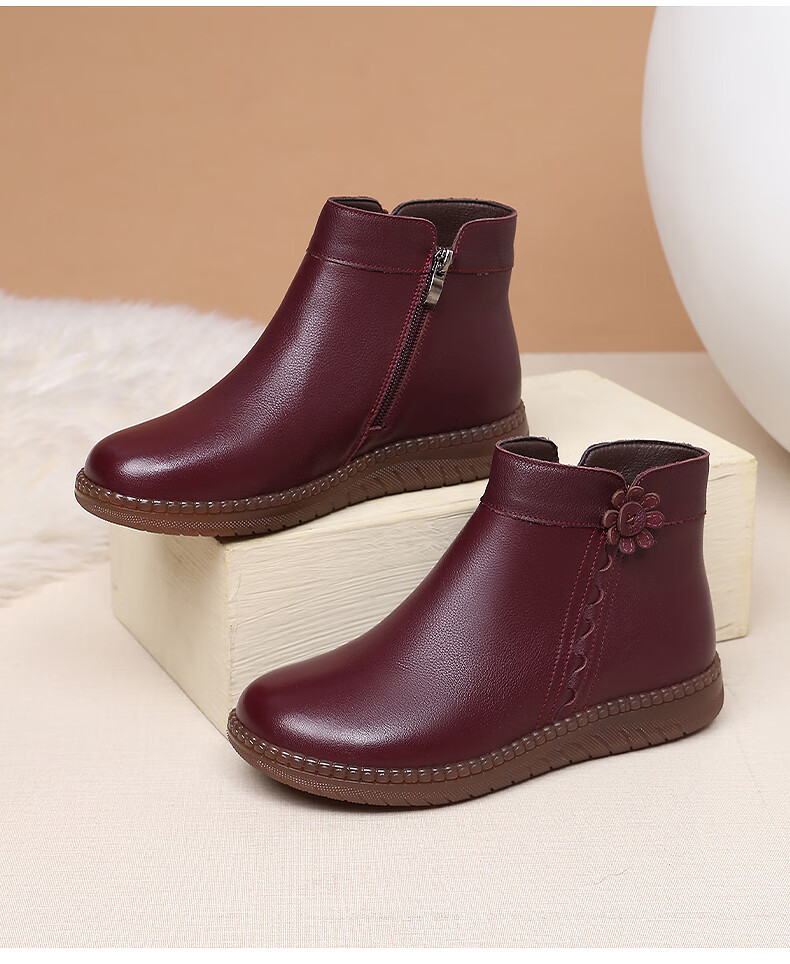 Red Dragonfly Women's Mid-Aged and Elderly Mom Boots, Fleece-Lined Warm Handmade Cowhide Soft Leather Ankle Boots WLC435221R 8
