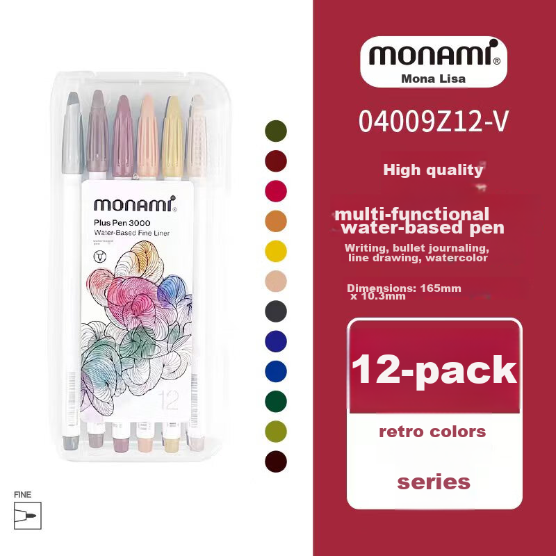 Monami New P3000 Fiber Pen, Water-Based Pen, Colorful Gel Pen Set, Watercolor Pen, Outline Pen, Journal Pen, Vintage 12 Colors 04009Z12-V Watercolor Pe