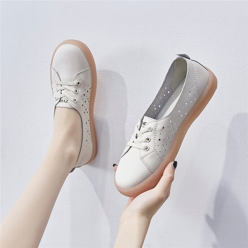 ZHR White Leather Shoes for Women with Jelly Sole, Breathable Mesh Hole Shoes, Summer Trendy Fashion Casual Versatile Flat Shoes, Soft Comfortable Low-Top Shoes for Women A66E Casual Shoes Beige 35