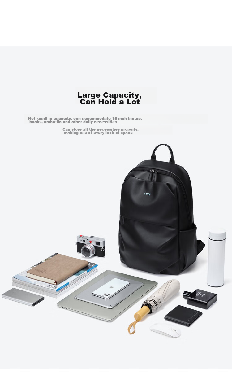 GOLF Backpack for Men, Large Capacity, Korean Style Student Schoolbag, 15-Inch Laptop Bag, Travel Bag, Black 11