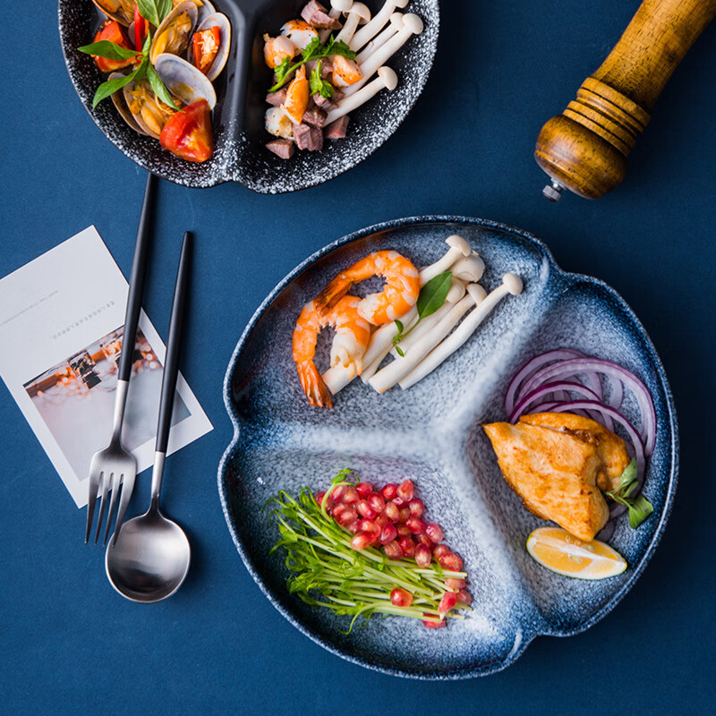 Canjiangjun Ceramic Divided Plate, Breakfast Plate, Dumpling Plate, Low-Fat Tableware, Three-Compartment Plate, Fruit Plate, Ceramic Tray, 8 Inches