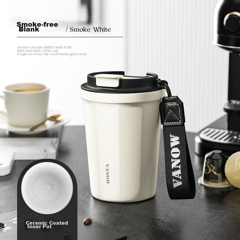 Vanow Insulated Mug Coffee Cup for Men And Women with Ceramic Inner, Stylish Portable Water Cup for Students, Smoke White