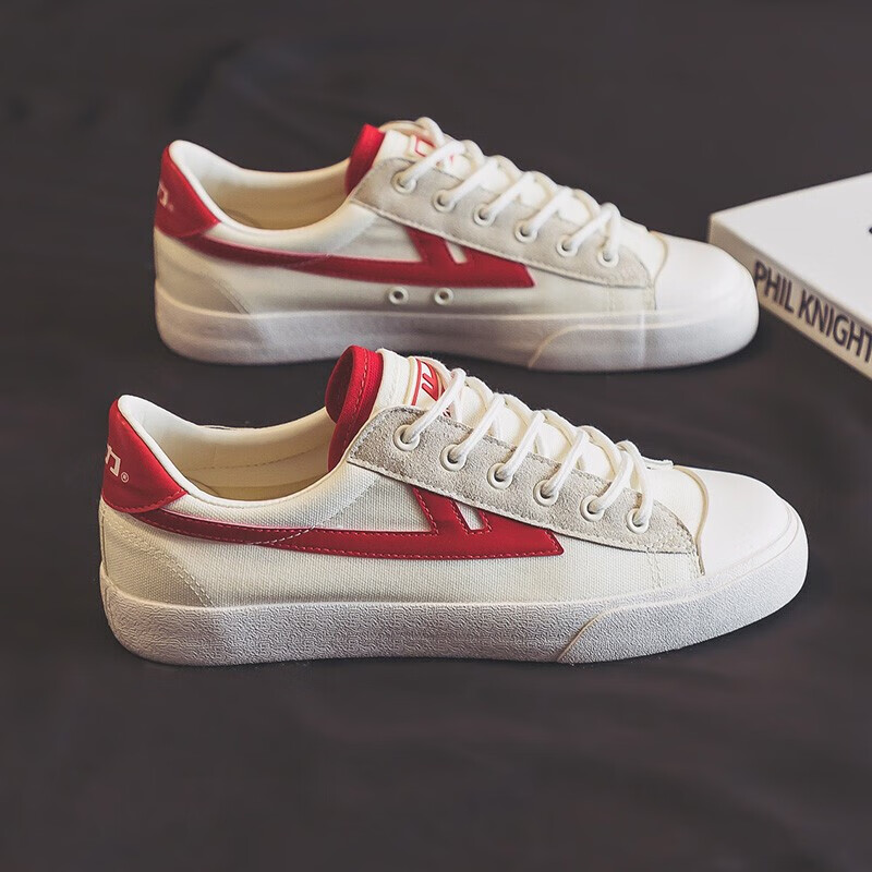 Warrior Official Canvas Shoes, Men's And Women's Casual Sneakers, Breathable Sports Skateboard Shoes for Autumn, KGH647MJ, Beige-Red, Size 39