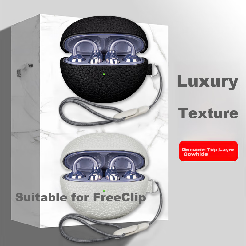 ESCASE Protective Case for Huawei Freebuds Pro 4, Compatible with Wireless Bluetooth Earphones, Genuine Leather, Dust-Proof, Non-Slip, Shockproof Case, Black with Lanyard 4
