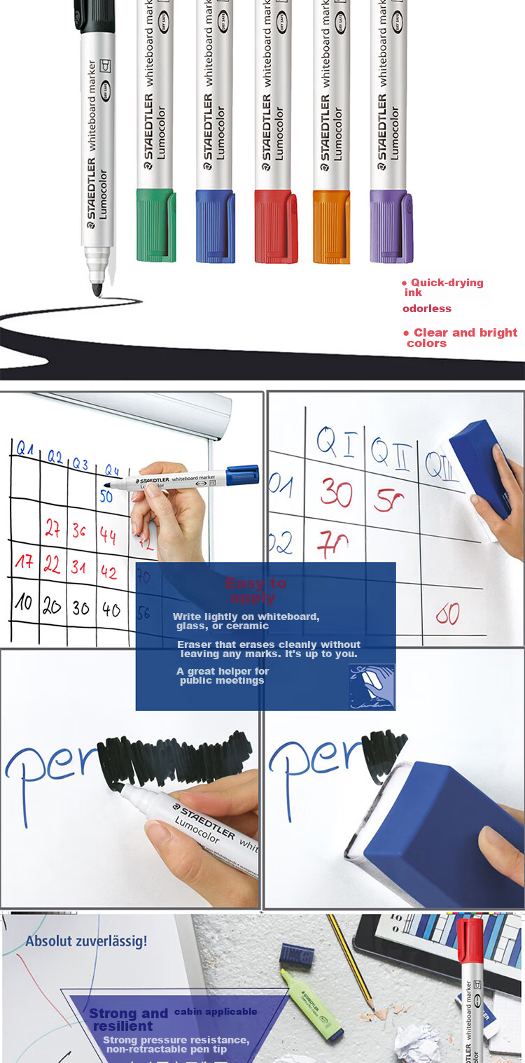 STAEDTLER Erasable Whiteboard Marker 2mm Dry-Resistant Color Marker Pen Office Meeting Pens - Black, Red, Blue, Green, 1 Each 351WP4 3