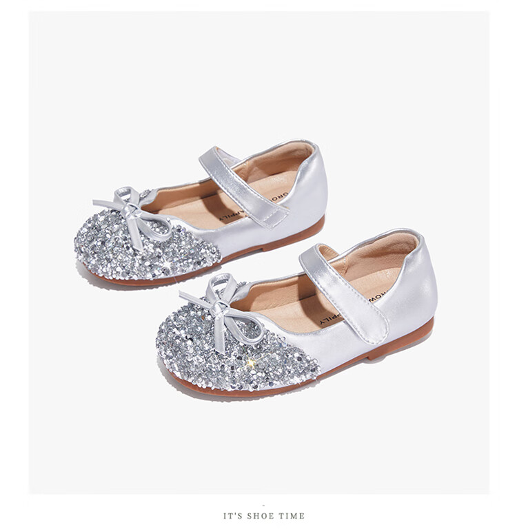 Snoffy Girls' Leather Shoes, Spring Children's Crystal Shoes, Shiny Diamond Princess Shoes, Comfortable Soft-Soled Flats for Little Girls, Moonlight Silver, Size 28 34