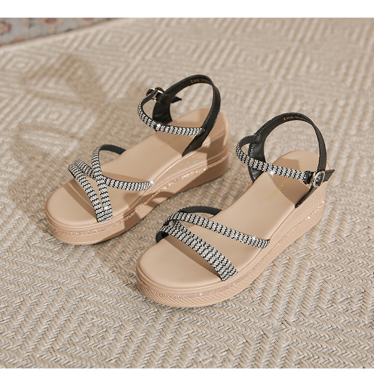 ZHR Women's Shoes, Summer Wedge Versatile Sandals, Fashionable Rhinestone Platform Slimming Beach Shoes for Women, AY161, Apricot Color, Size 35 38