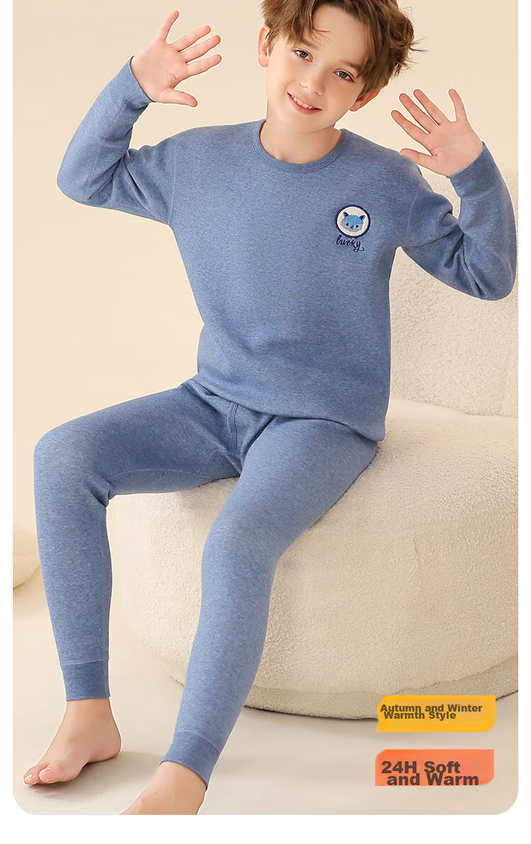 LangSha [Thickened School Uniform Essential] Children's Thermal Underwear, Boys' Three-Layer Padded Autumn Top And Pants, Pajama Set 2