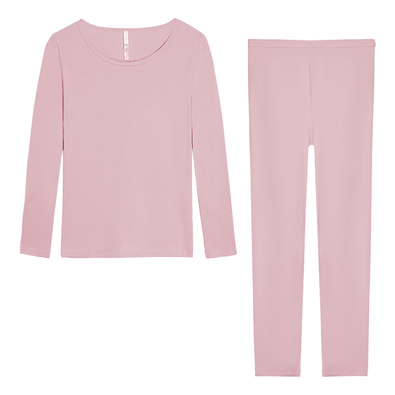 Hodo Women's Autumn Underwear Set, Solid Color Cotton-Spandex Round Neck Thin Thermal Underwear, Elegant Pink, Size 160