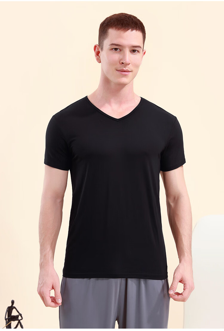 CHERISH LIFE Men's T-Shirt Undershirt, Modal Short-Sleeve V-Neck Undershirt, Elastic Slim Fit 16