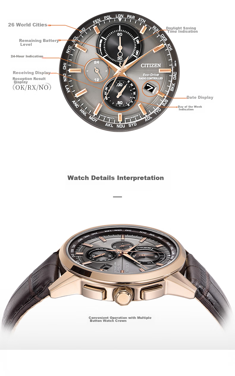 CITIZEN Watch for Men, Japanese And Korean Style, Eco-Drive, Radio-Controlled, Three-Dial Display, Leather Strap, Business Style, Gift for Boyfriend, AT8113-12H 6
