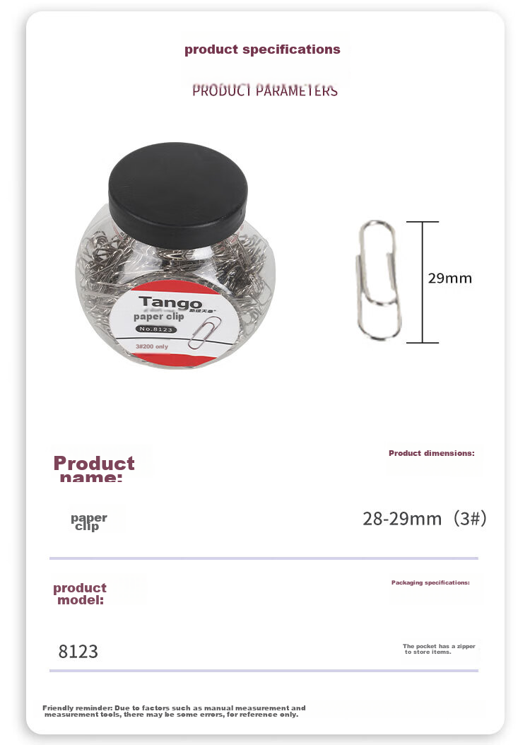 TANGO Office Paper Clips #3, 29mm Nickel-Plated Metal Rust-Resistant Retractable Clips, Candy Jar Packaging, 200 Pieces, Office Supplies 1