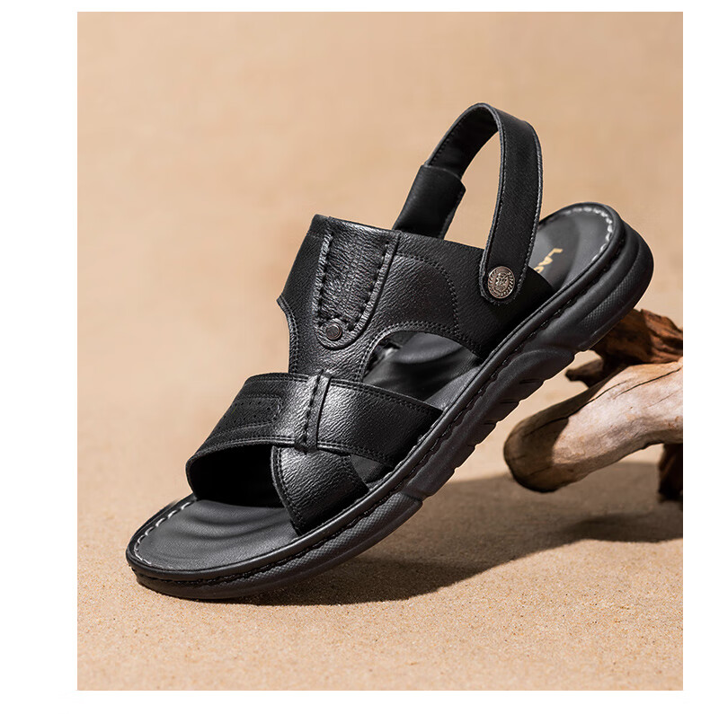 LAORENTOU Men's Sandals, Summer Beach Shoes, Cowhide Sandals And Slippers, Dual-Use Leather Sandals for Men, LT65, Black, Size 40 4
