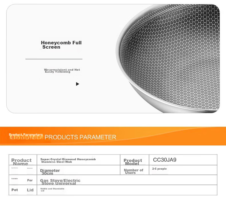 SUPOR Stainless Steel Wok Compatible with Induction And Gas Stoves, Crystal Diamond Honeycomb Frying Pan for Home Use CC30JA9 7