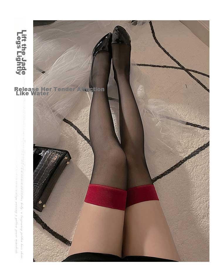 LangSha Silk Stockings for Women, Spring And Summer Ultra-Thin Sexy Over-Knee Stockings, Red Edge Black Silk Pure Seductive Style Thigh-High Patchwork Contrasting Color Thigh-High Socks 12