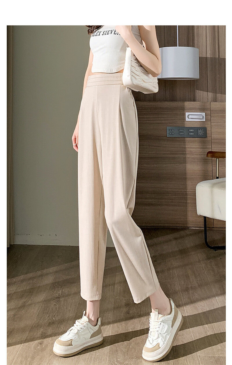 Dme [Commute Thin Nine-Tenths Pants] Summer Slightly Elastic Straight-Leg Elastic Waist Women's Trousers Casual Pants Light Gray S 9