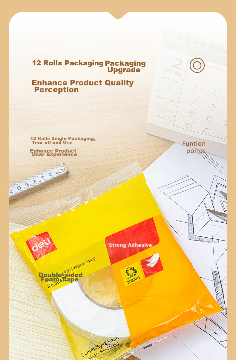 Deli Thin Strong Adhesive PE Foam Double-Sided Tape, Foam Double-Sided Tape Strong Adhesive No-Nail Glue, 18mm*3m*1mm, White 1 Roll, Office Supplies, 30418 8