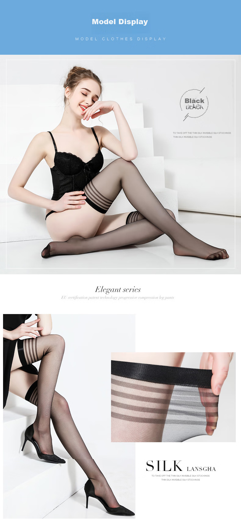 LangSha Silk Stockings for Women, Ultra-Thin Black Thigh-High Stockings, Knee-Length Non-Slip Tights, Black Color, 2 Pairs Each for Light And Dark Skin Tones 4